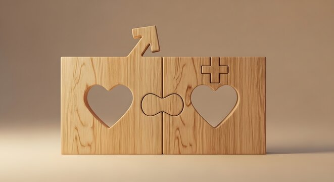 Friendship day symbolism interconnected hearts and bones on wooden block