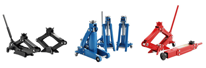 Assortment of hydraulic car jacks and jack stands isolated on white © Swat