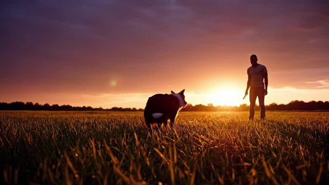 Silhouette of dog playing frisbee with person in outdoor field at sunset over grass under dramatic sky capturing pet enjoying nature and active moment in warm light
