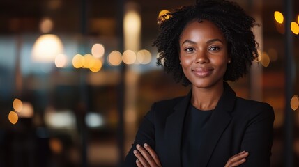 Fototapeta premium A confident businesswoman stands with her arms crossed in a modern workspace, exuding professionalism and empowerment, symbolizing success in her career.
