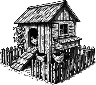 Rustic Wooden Chicken Coop with Picket Fence and Ramp Detailed Illustration
