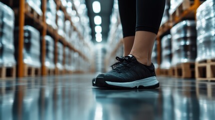 Fototapeta premium A close-up shot of an athlete's feet in black sneakers poised on a smooth surface in a warehouse, showcasing readiness and determination for physical performance and training.