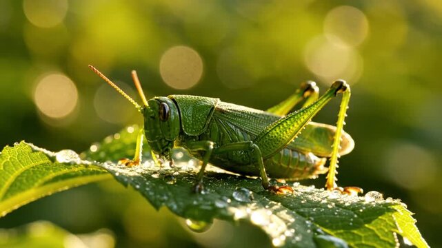 Close-up of a vibrant green grasshopper resting on a leaf in a natural outdoor setting with water droplets.