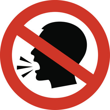 No talking prohibition sign, silence warning symbol, do not speak icon, quiet zone rule, communication restriction, flat vector illustration