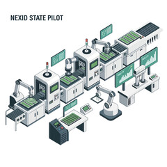 Obraz premium Automated Manufacturing Production Line with Robotic Arms and Digital Displays.