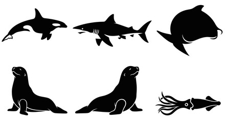 Obraz premium Marine Animals Silhouettes Collection: Orca, Shark, Dolphin, Seals, and Squid