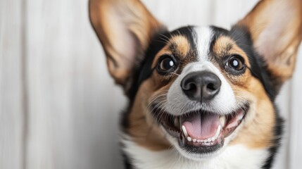 Fototapeta na wymiar A cheerful corgi dog with large ears and a wide smile radiates joy and playfulness, embodying the happiness that pets bring to our lives and homes daily.