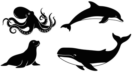 Obraz premium Marine Animals Silhouettes Set: Octopus, Dolphin, Seal, and Whale Vector Illustration