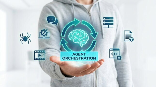 AI Agent Orchestration, Artificial Intelligence, Automation, Machine Learning, Workflow, Digital Transformation, Software Development concept of autonomous agents in a digital system.