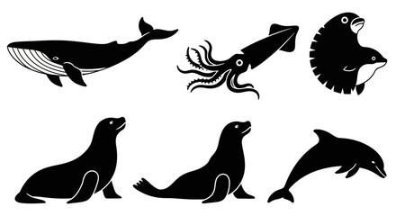 Obraz premium Marine Animals Silhouettes Set: Whale, Squid, Seals, Dolphins, and Seabirds