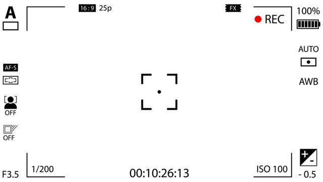 16:9 photo of videocamera focusing screen isolated - digital, mirorless, DSLR, cameraphone. Viewfinder camera recording. 4K ready detailed templates. Vector PNG