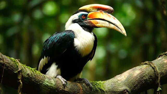Close-up of a Great Hornbill perched on a mossy branch in a lush forest.