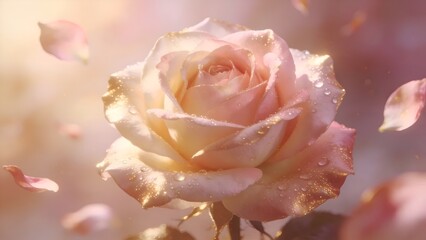 Close-up of a pale pink rose flower with water droplets against a background of fluttering petals: a beautiful rose with a gold powder texture on the edges of the petals