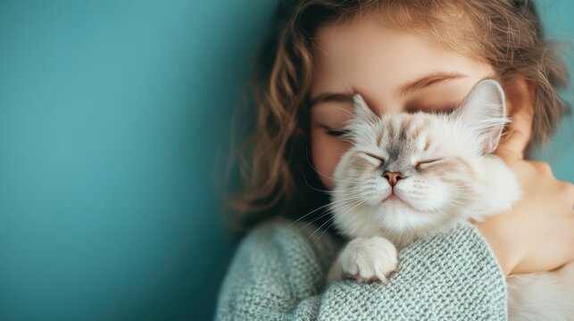A tender moment captured as a young girl embraces a fluffy white cat, showcasing love, companionship, and the special bond shared between pets and their owners.