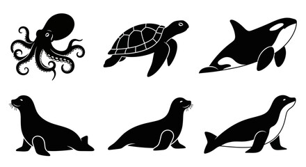 Fototapeta premium Ocean Animals Silhouettes Collection: Octopus, Sea Turtle, Orca, and Seals Icons