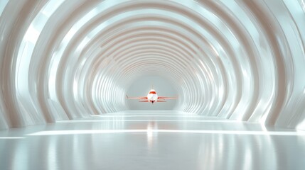 Obraz premium A modern, spacious airport hangar featuring a sleek aircraft at the center, illuminated by soft, ambient lighting and enclosed within a futuristic architectural design.