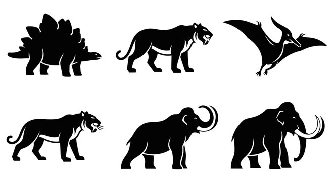 Prehistoric Animal Silhouettes Collection: Stegosaurus, Saber-tooth Tiger, Mammoth, Pterodactyl