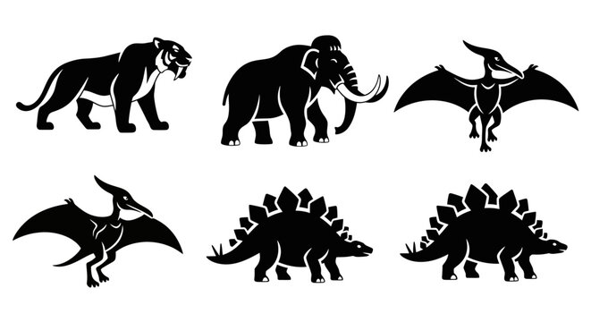 Prehistoric Animal Silhouettes: Dinosaurs, Mammoth, and Saber-toothed Tiger Icons