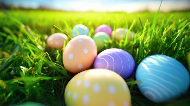 Various colored dyed Easter eggs with dots and lines lie on vivid green grass scattered over grass. under bright sunlight, with bright blue sky forming playful spring pattern, Easter Holiday concept