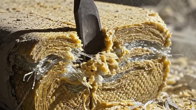 Close-up of a chisel prying apart layers of old fiberglass, showing individual glass fibers and brittle resin shattering.