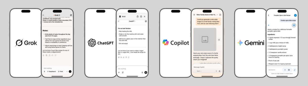 ChatGPT Gemini Copilot and Grok AI Chatbot Interface Mockup for Mobile Apps
ChatGPT Gemini Copilot Grok Artificial Intelligence Assistant UI Design Template