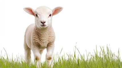 Fototapeta premium Lamb in Pasture: A charming lamb stands proudly on a patch of lush green grass, portraying innocence and serenity.