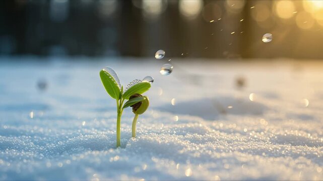 dramatic timelapse of green sprout emerging through melting snow perfect for spring rebirth and growth backgrounds