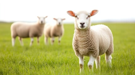 Obraz premium Sheep Grazing in Green Field: Three sheep stand peacefully in a vibrant green field, bathed in soft, natural light, exemplifying tranquility and the beauty of rural life.
