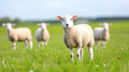 Fototapeta premium Sheep in the Meadow: A flock of fluffy sheep grazes peacefully in a verdant meadow under a clear sky. A captivating scene of farm life and pastoral beauty.