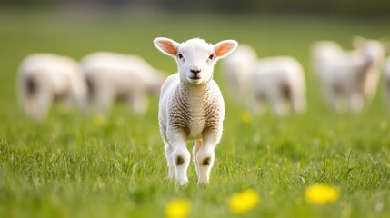 Obraz premium A Curious Lamb in the Meadow: A fluffy lamb, exuding innocence and curiosity, stands in a vibrant meadow of fresh grass. Capturing the essence of spring with an endearing charm.