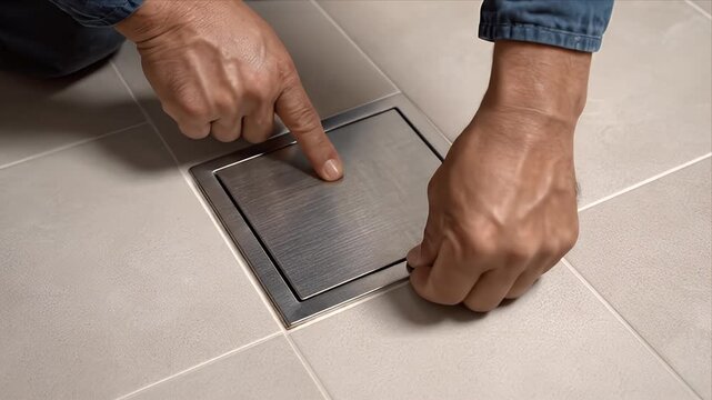 Close up of a plumber's hands wiping condensation from a metal floor drain grate on a tiled surface in a well lit