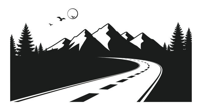 Winding road through mountains and trees with a circular moon silhouette