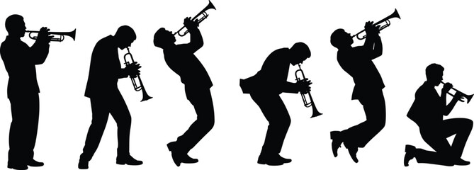 Set of jazz trumpet player silhouettes in dynamic poses, musician performing, standing, kneeling, jumping, playing brass instrument, isolated black figures for music design © Itz Jisan