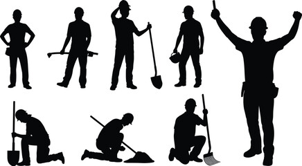 Construction worker silhouettes with shovel rake tools poses, builder laborer industrial workforce collection isolated black silhouette concept © MstNilufar