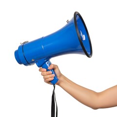 A hand holding a bright blue megaphone against a plain background