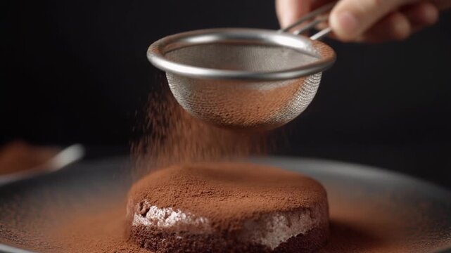 A hand sprinkles cocoa powder over a chocolate cake on a plate from a metal sifter in a dark setting