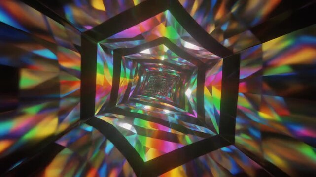 A kaleidoscope of colors radiates from a central hexagonal prism reflecting vibrant hues in a futuristic scene viewed from a straight-on perspective