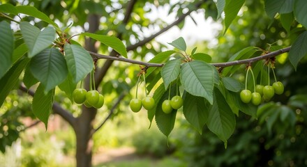 Fototapeta premium Green Cherries Hanging on Branch in Sunny Orchard With Lush Green Leaves