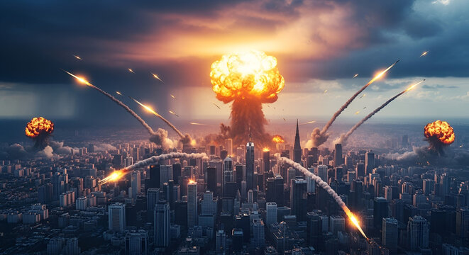 Nuclear explosion over modern city skyline with missile attack fire smoke destruction dramatic warfare disaster scene representing global conflict crisis danger security threat