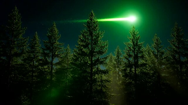 A glowing green meteor streaks across the night sky above a dark, shadowy evergreen forest.