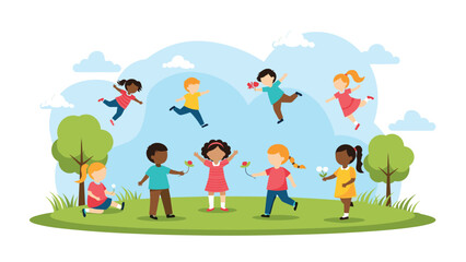 Fototapeta premium Joyful group of diverse children playing running and jumping in a green park under a bright blue sky with trees and clouds.