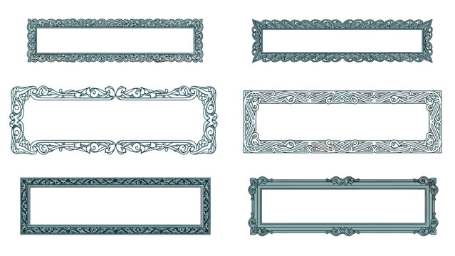 Set of six vintage-style decorative frames with intricate border designs and flourishes in a monochromatic blue-green color palette.