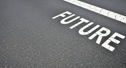 Fototapeta premium 右上の停止線とFUTUREの文字。左側と下部に広い余白があるアスファルト道路背景。ビジネスの開始。