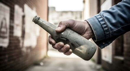 Hand Gripping Dirty Bottle in Gritty Urban Alleyway Setting, Symbolizing Poverty