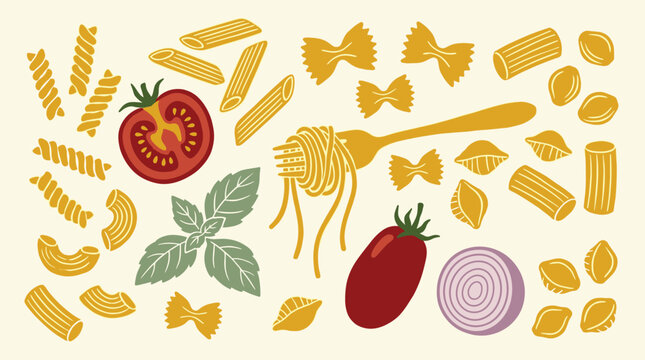 A vibrant assortment of various pasta shapes, fresh tomatoes, onion, and basil leaves arranged on a clean background, representing a classic Italian culinary theme with colorful ingredients.