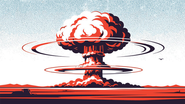 Dramatic mushroom cloud from a powerful atomic explosion rising high above a red horizon under a grainy blue sky.