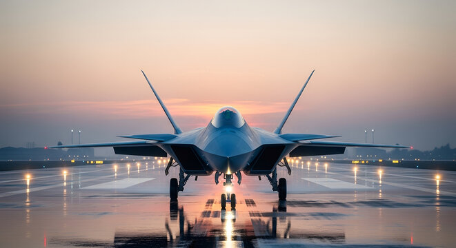 Fighter jet military aircraft positioned on runway at sunset showing advanced stealth aviation technology defense power air force capability and modern combat readiness