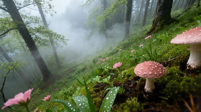 aerial orbit of awakening forest floor with popping wildflowers and mushrooms perfect for spring growth and misty nature backgrounds