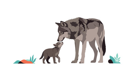 Fototapeta premium Beautiful wolf mother gently interacting with her small cub in a minimalist landscape with stylized plants and soft lighting.