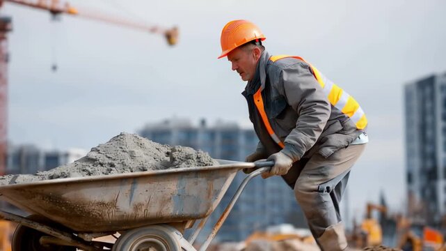 Construction worker moves concrete with wheelbarrow on building site during daytime